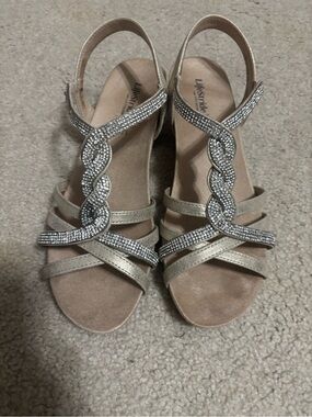 Life Stride Champagne Rhinestone Braided T-Strap Heels
